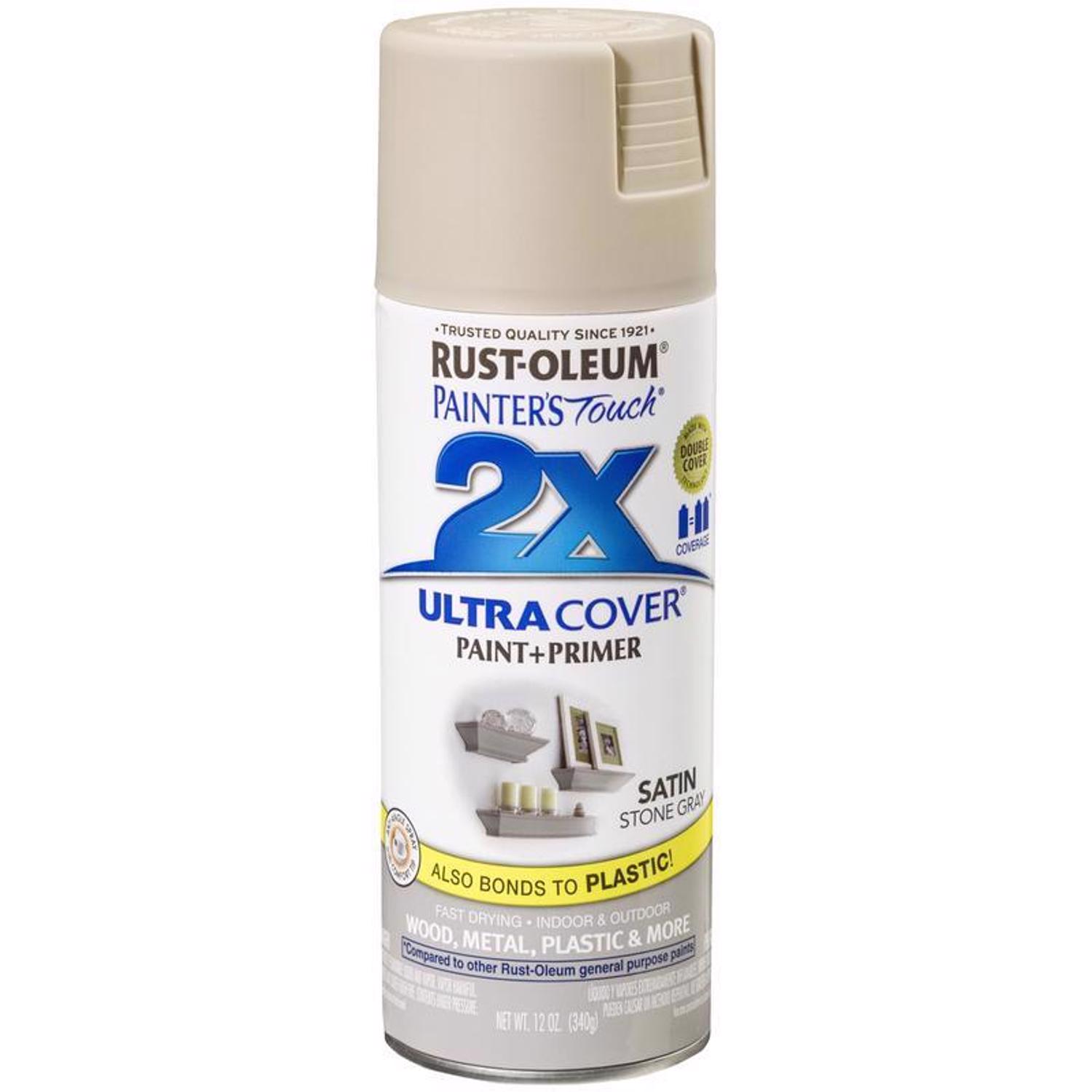 Rust-Oleum Painter\u0027s Touch 2X Ultra Cover Satin Stone Gray Paint+Primer Spray Paint 12 oz