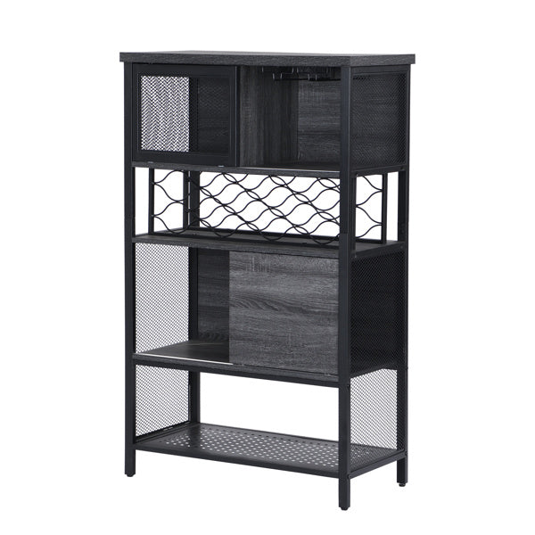 Industrial Bar Cabinet with Wine Rack for Liquor and Glasses; Wood and Metal Cabinet for Home Kitchen Storage Cabinet