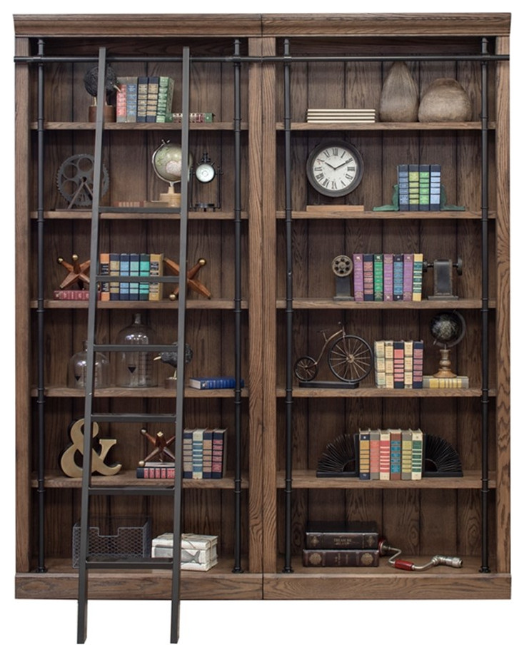 Bowery Hill 2 pc 5 Adjustable Shelf Tall Modern Wood Bookcase in Oak   Industrial   Bookcases   by Homesquare  Houzz