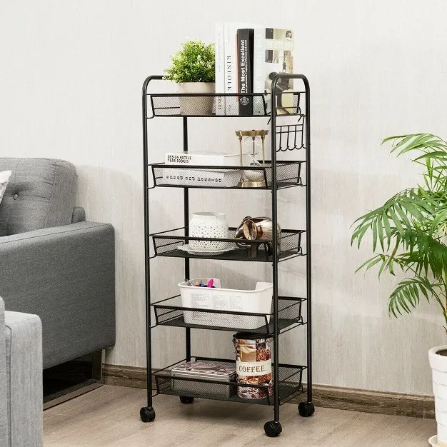 5 Tier Mesh Rolling File Utility Cart Storage Basket Home Office Kitchen Black