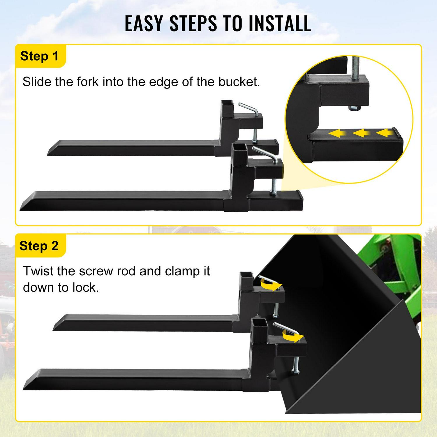 VEVORbrand Clamp On Pallet Forks 4000 lbs， Tractor Bucket Forks 60in Quick Attach， Fork Attachment for Skid Steer，Loader Bucket