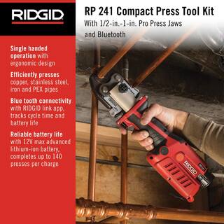 RIDGID RP 241 Compact Inline Press Tool Kit Includes 3 ProPress Jaws (12 in. 34 in. 1 in.) 2-12V Batteries Charger + Case 57373