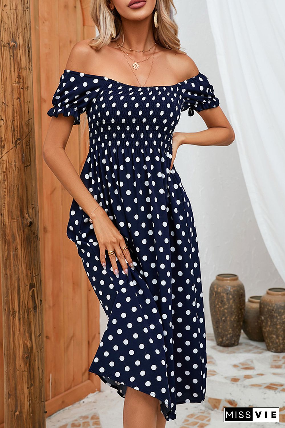 Smocked Off Shoulder Printed Midi Dress