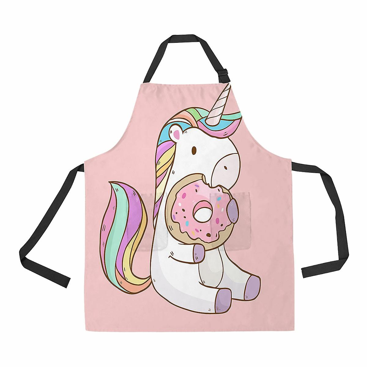 Cute Cartoon Unicorn Eating Tasty Donuts Apron Home Kitchen Apron With Pockets