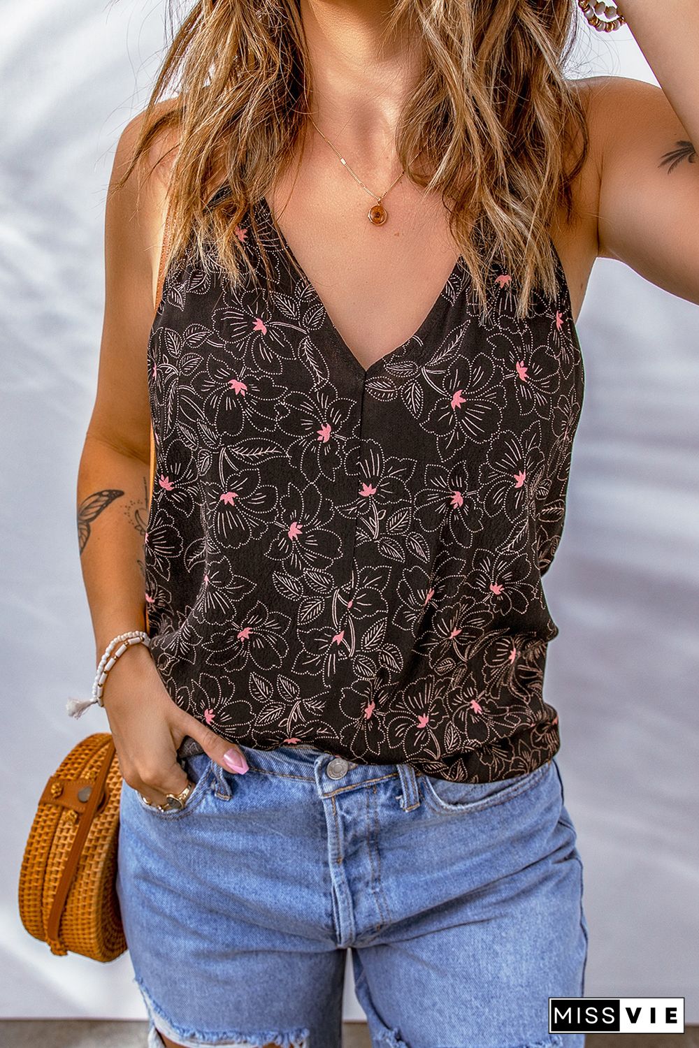 Brown Floral Print Spaghetti Strap Racerback Tank Top