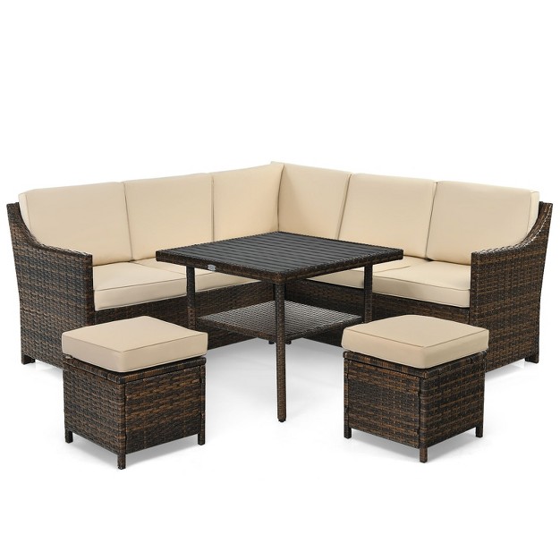 Tangkula 6pcs Patio Rattan Furniture Set All weather Sectional Cushioned Sofa Ottoman Dining Table Lower Shelf