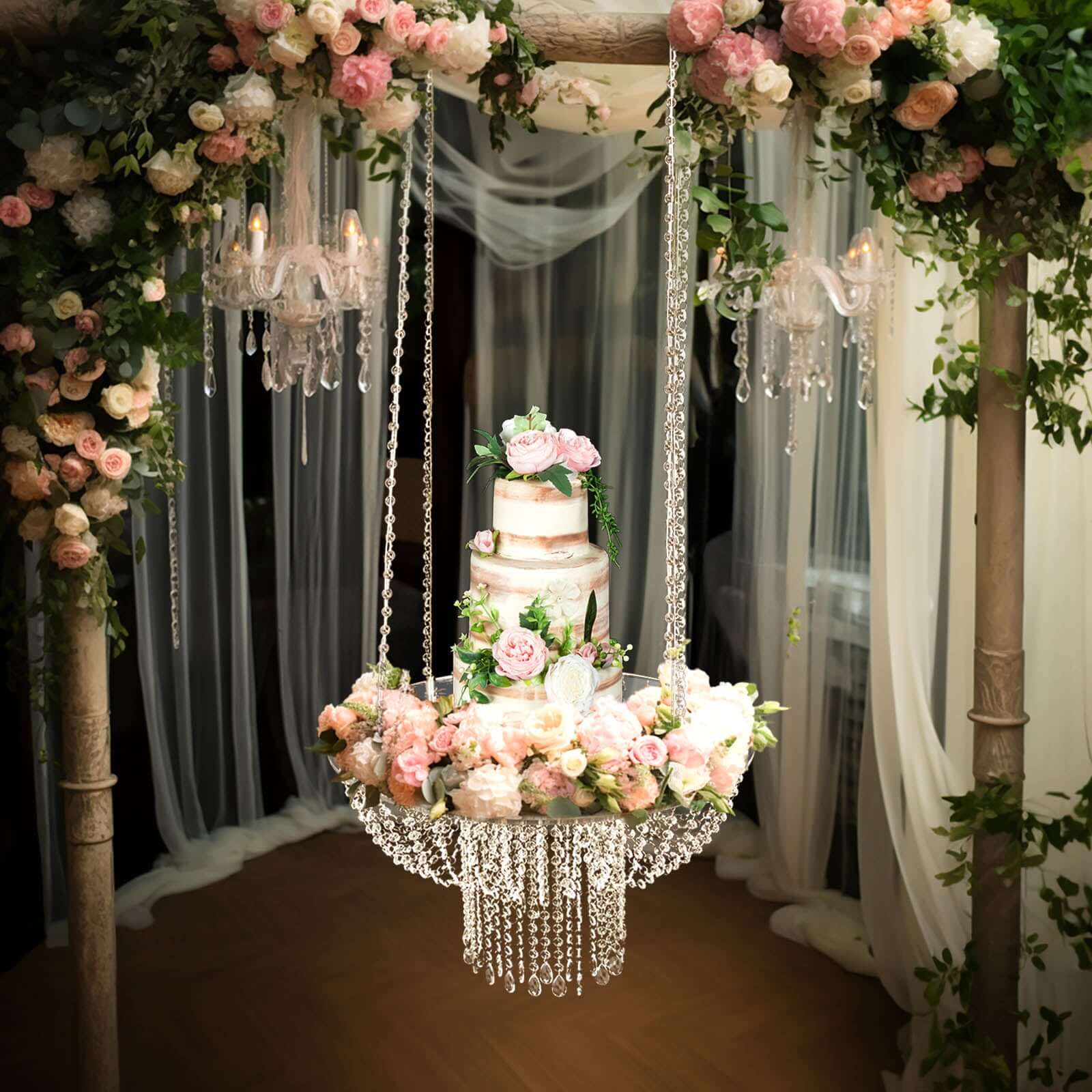 Acrylic Hanging Crystal Chandelier Cake Stand, Drape Suspended Wedding Cake Swing With 5ft Steel Wire String Bead Chains - 25