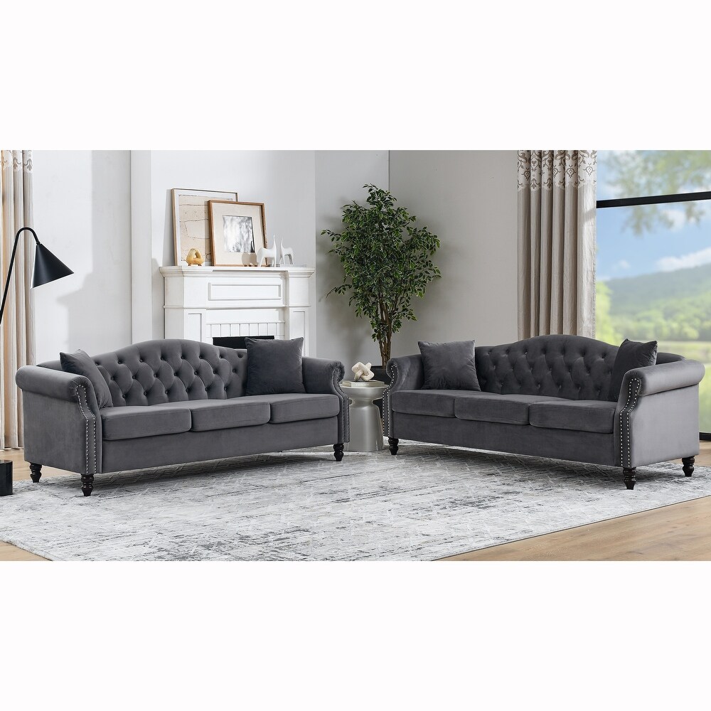 2pc Grey Velvet 3 Seater Sectional Sofa Sets w/ Pillows  Deep Seat Sofa Sets w/ Removable Cushions   Nailheads Armrest