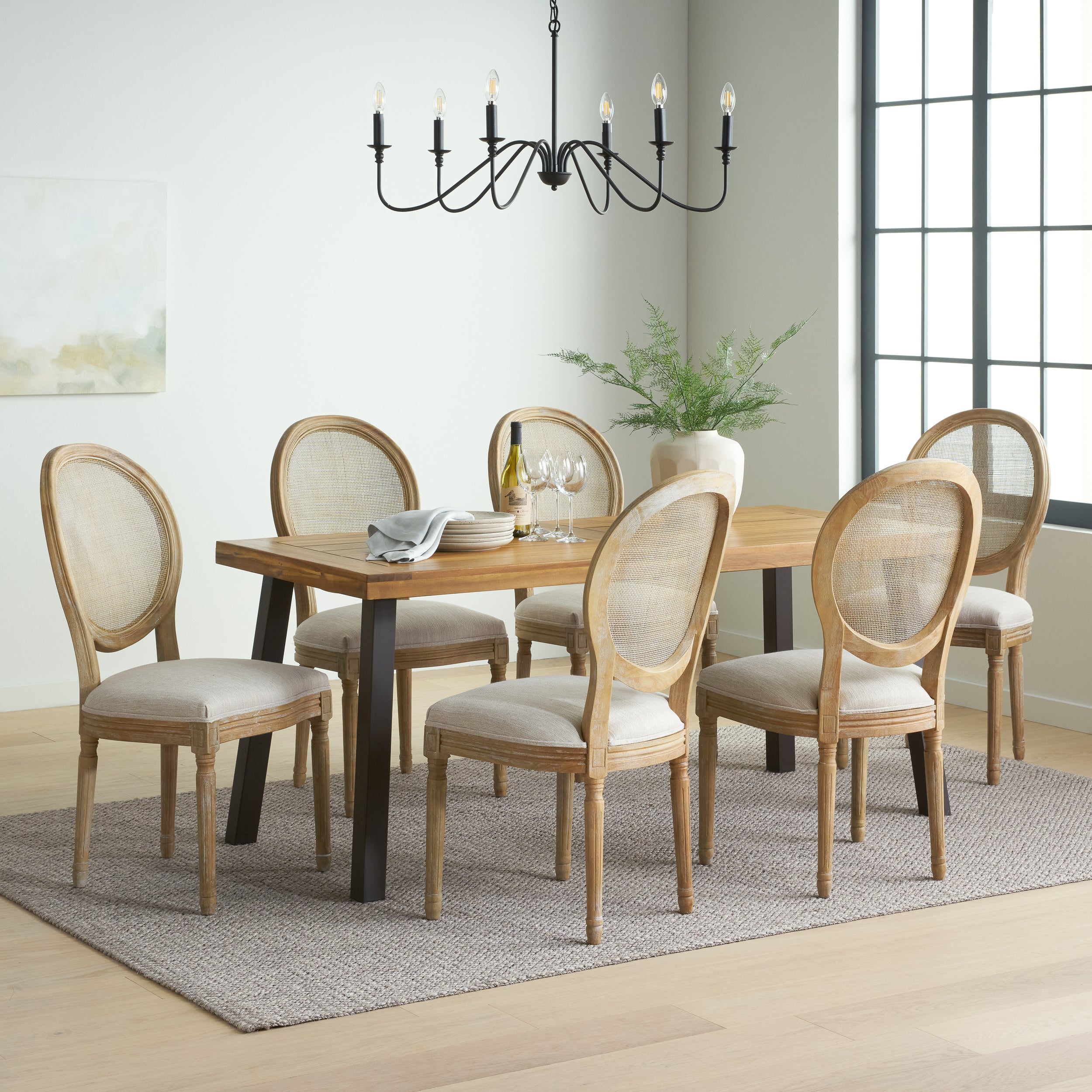 Karlene Farmhouse Fabric Upholstered Wood and Rattan 7 Piece Dining Set, Natural, Rustic Metal, and Beige