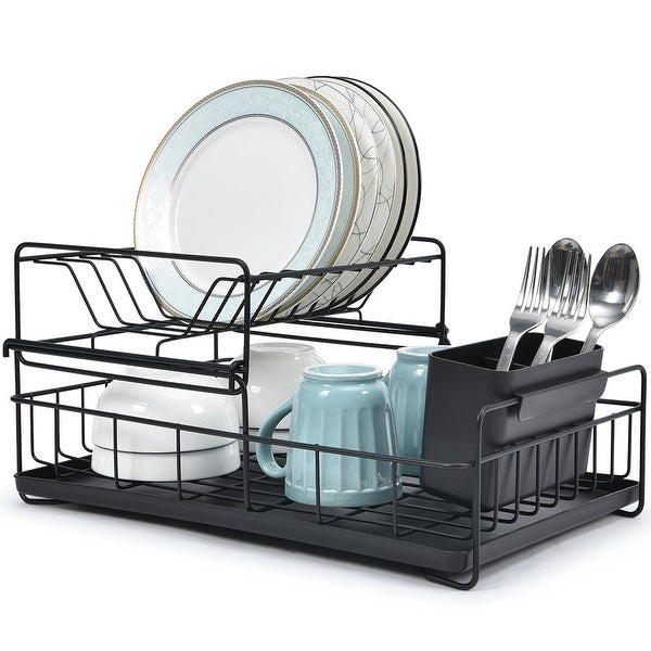 2 Tier Dish Drainer with Water Tray Cutlery Holder， Black