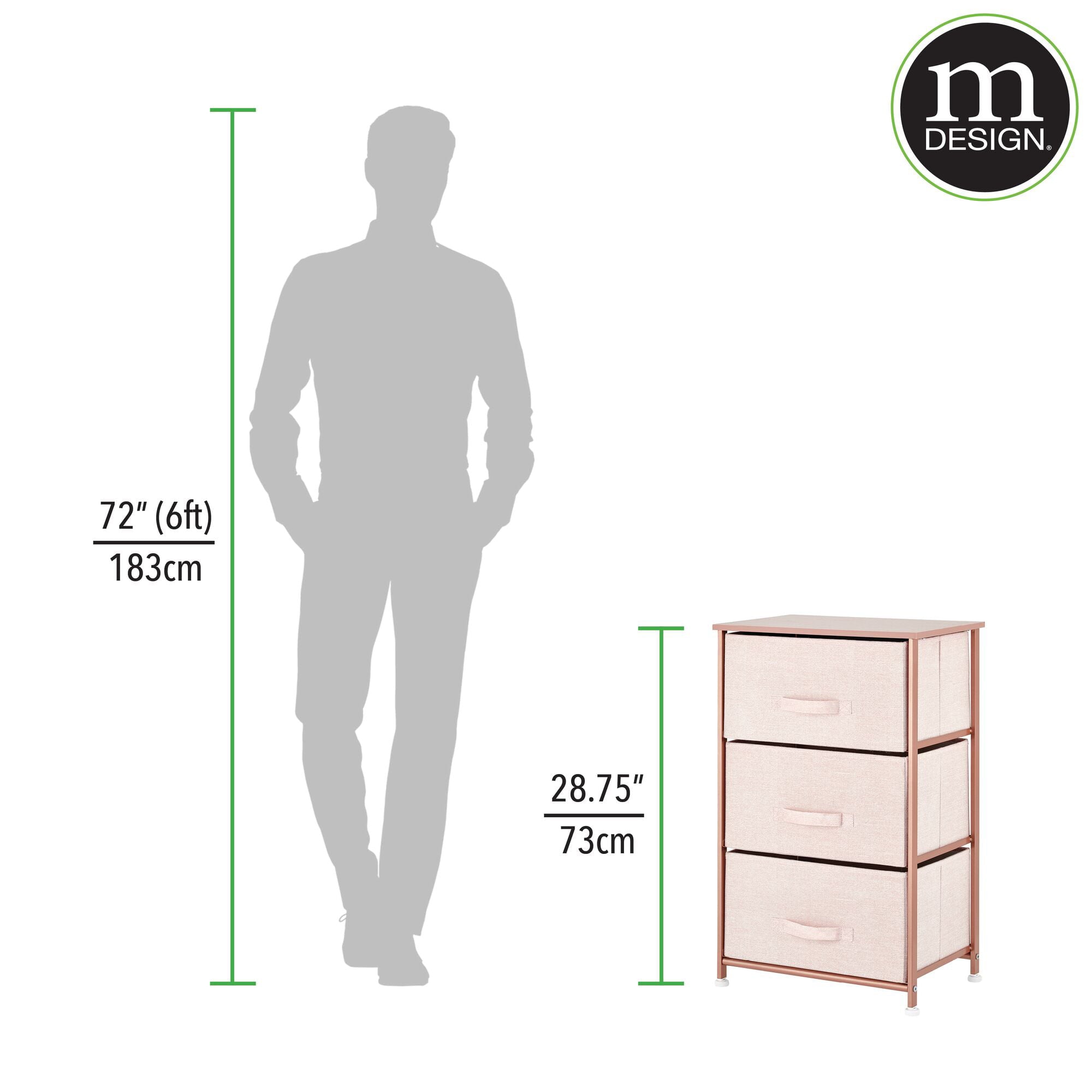 mDesign Steel Top and Frame Storage Dresser Tower Unit with 3 Removable Fabric Drawers for Bedroom, Living Room, or Bathroom - Holds Clothes, Accessories, Lido Collection - Light Pink/Rose Gold