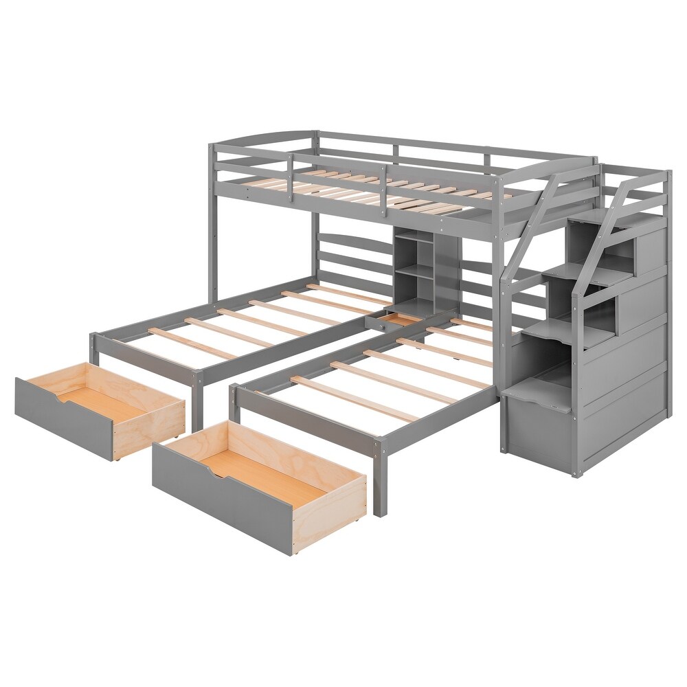 Twin Over Twin Twin Bunk Bed  Triple Bunk Bed w/Drawers  Staircase with Storage  Built in Shelves  for 3 Kids Teens Adults  Grey