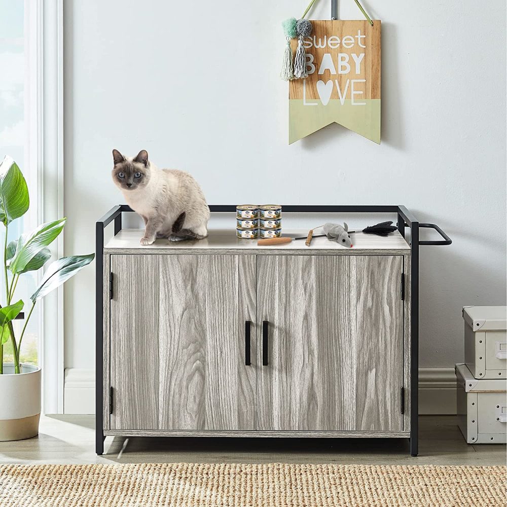 Penck Hidden Cat Litter Box Furniture with Ventilation and Bench Seat， Pet Crate with Iron and Wood Sturdy Structure ，grey color