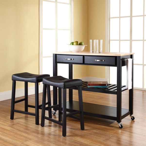 Wood Top Kitchen Prep Cart W/Uph Saddle Stools