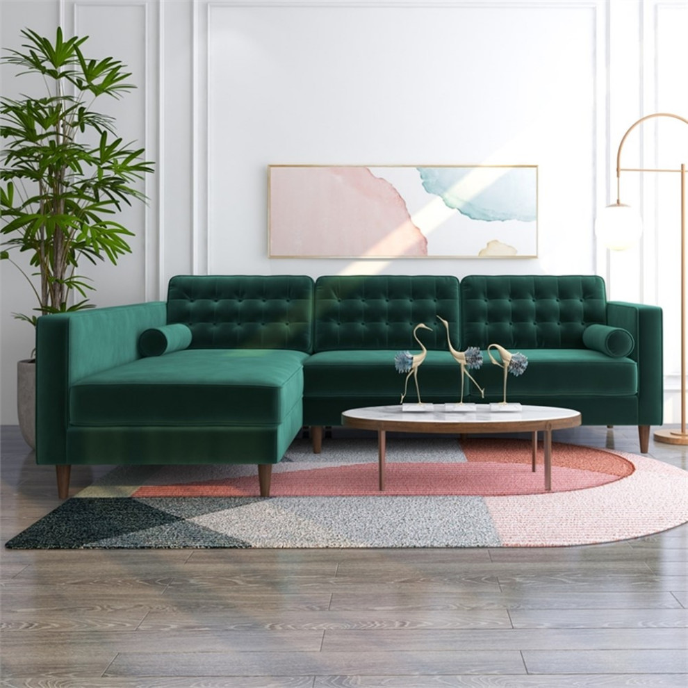 Owen Mid Century L Shaped Pillow Back Velvet Left Facing Sectional in Green   Midcentury   Sectional Sofas   by Homesquare  Houzz