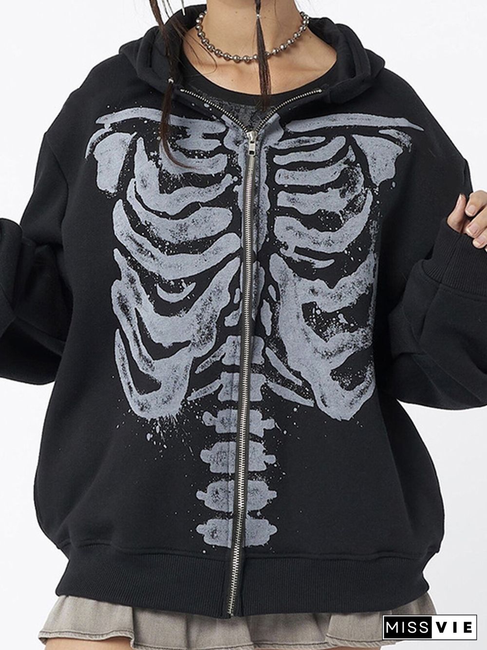 Skeleton Print Zip Up Loose  Oversized Hoodie