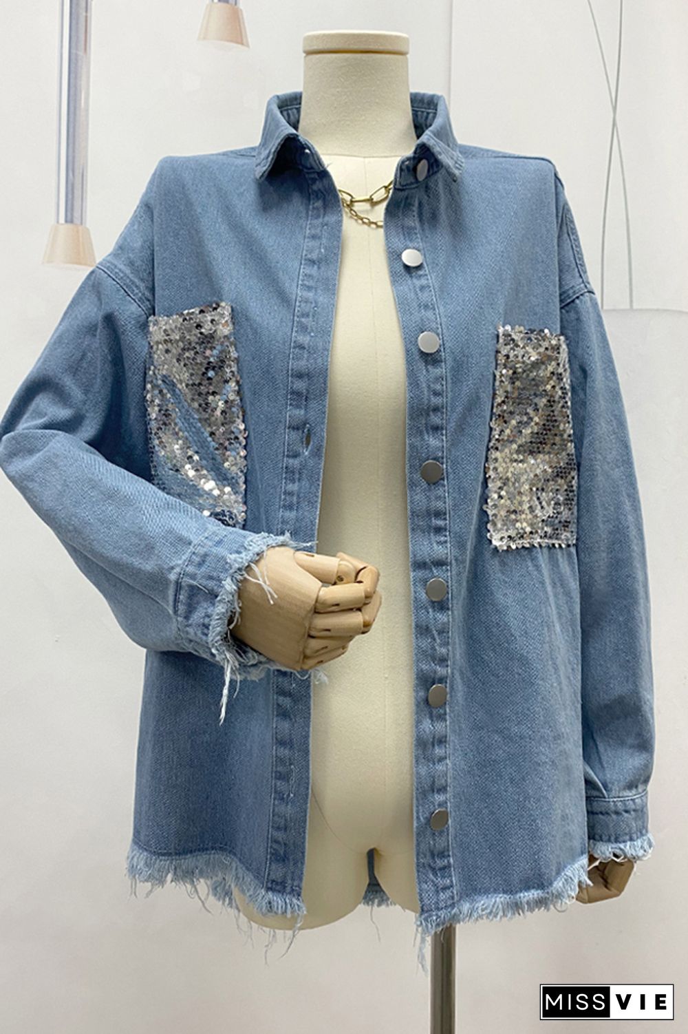 Sequin Pockets Open Button Denim Jackets