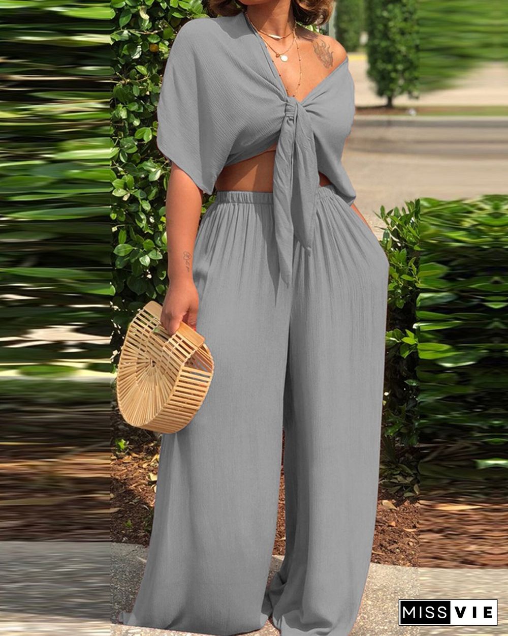 Solid Color Tie Front Crop Top & Wide Leg Pants Set