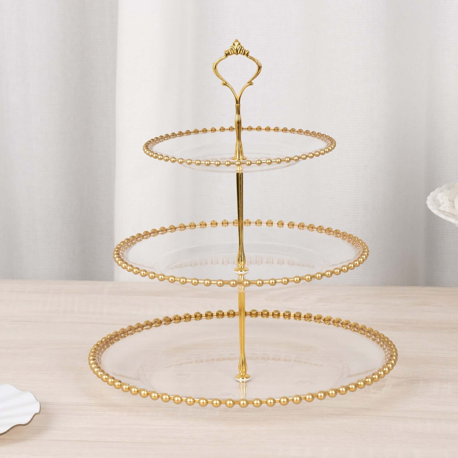 Clear 3-Tier Round Plastic Cupcake Tower Stand with Gold Beaded Rim, Dessert Display Tea Party Serving Platter With Top Handle - 14