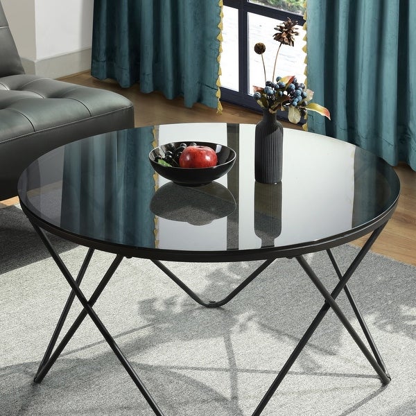 Modern Round Coffee Table with Black Glass and Metal Frame Central Coffee Table for Living Room