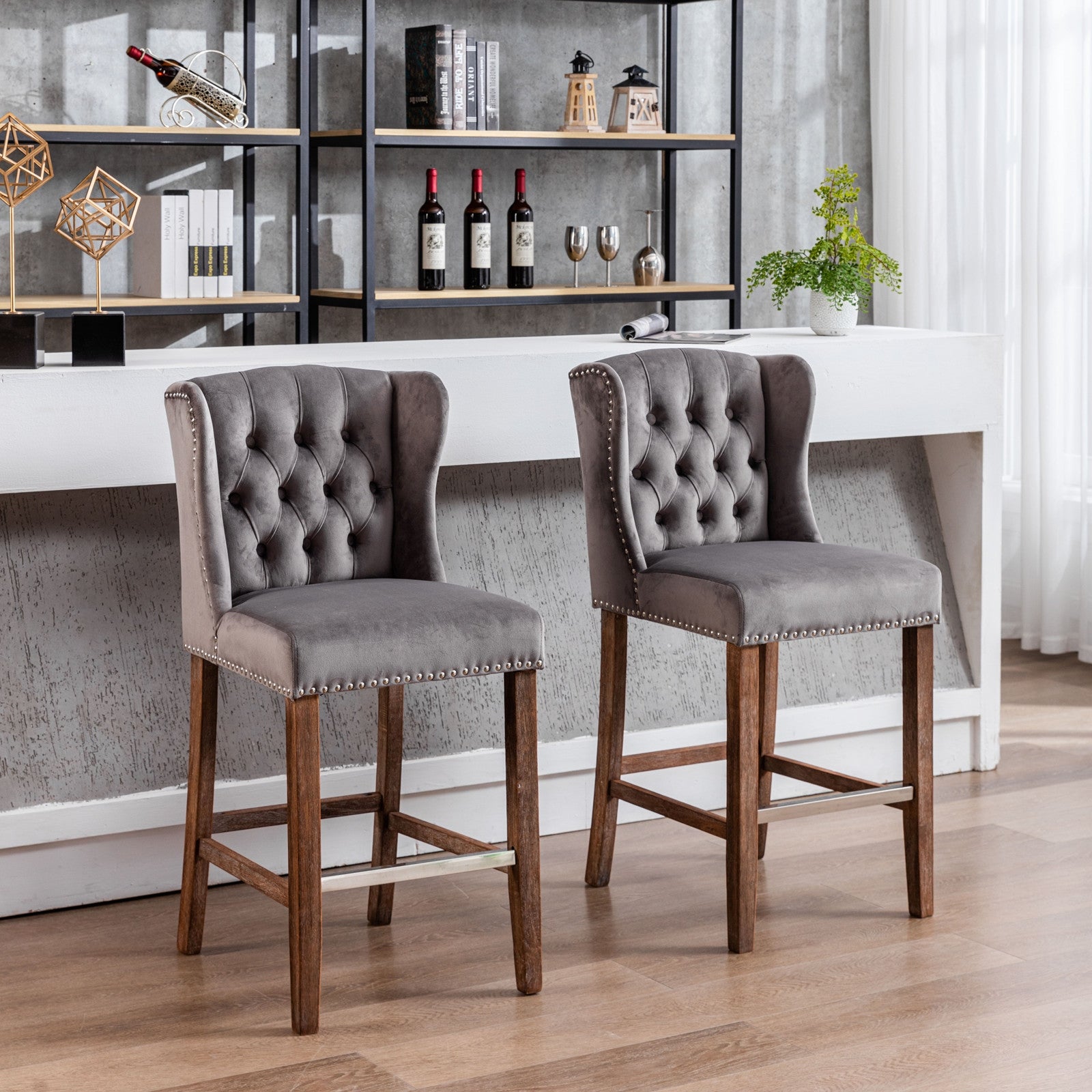 Counter Height Bar Stools， Upholstered Seat Height ， Wingback with Nailhead-Trim and Tufted Back， Wood Legs， Set of 2