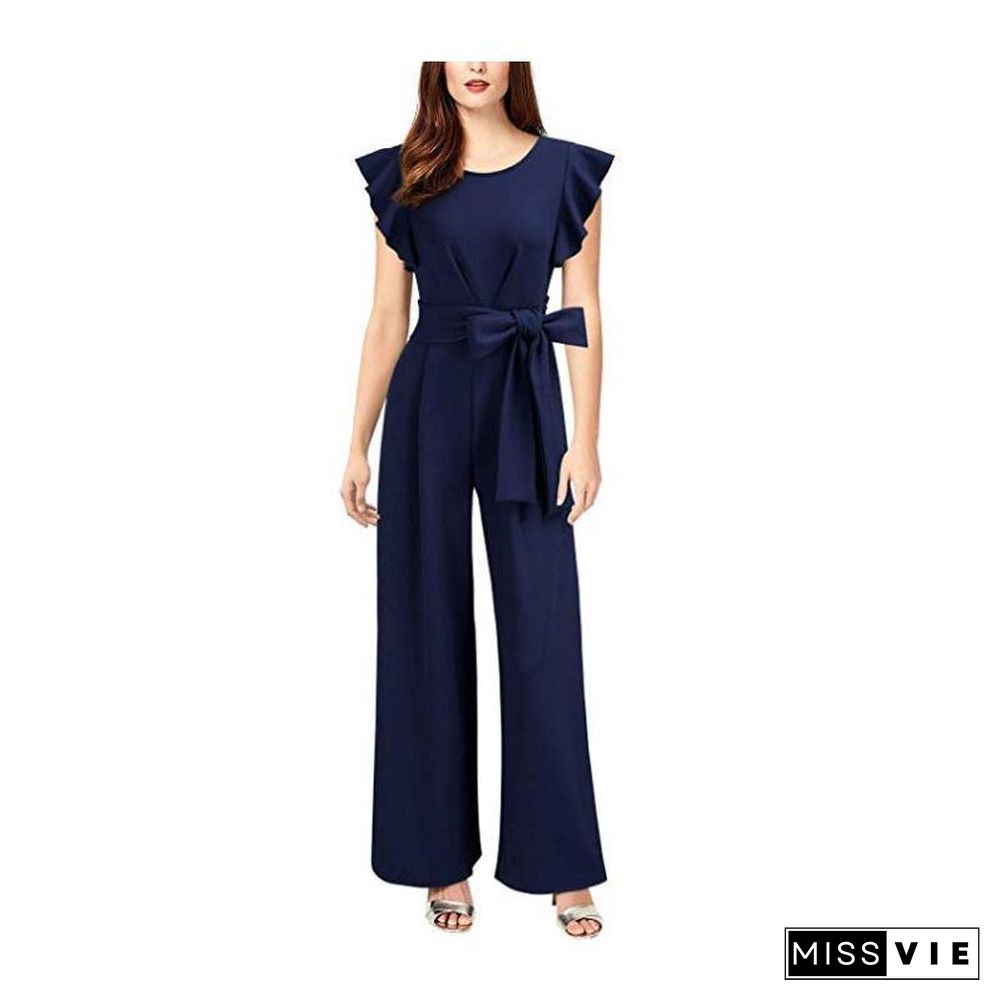 Wide Leg One-piece Pants European and American Women's Dress Ruffle Sleeve Bandage Casual One-piece Pants