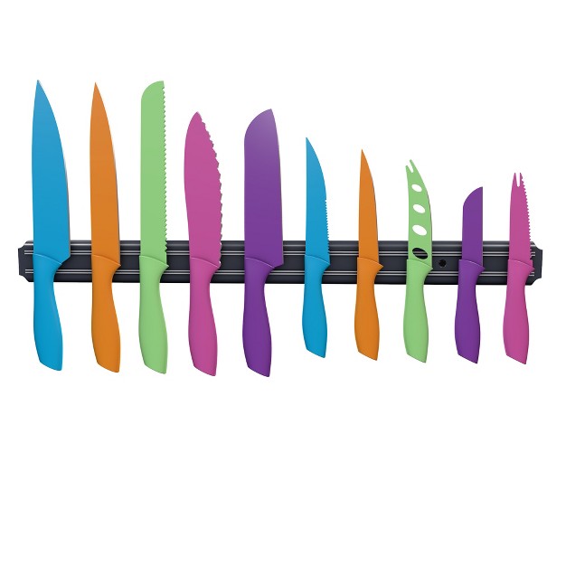 Knife Set Colorful 10 piece Stainless steel Cutting Knives With 21 5 inch long Magnetic Knife Holder For Storage And Organization By Classic Cuisine