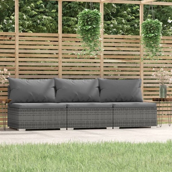 3-Seater Sofa with Cushions Gray Poly Rattan - Overstock - 36365433