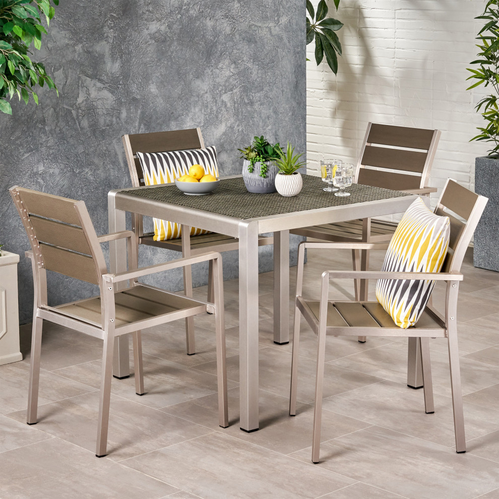 Gaven Outdoor Modern Aluminum 4 Seater Dining Set With Faux Wood Seats   Contemporary   Outdoor Dining Sets   by GDFStudio  Houzz