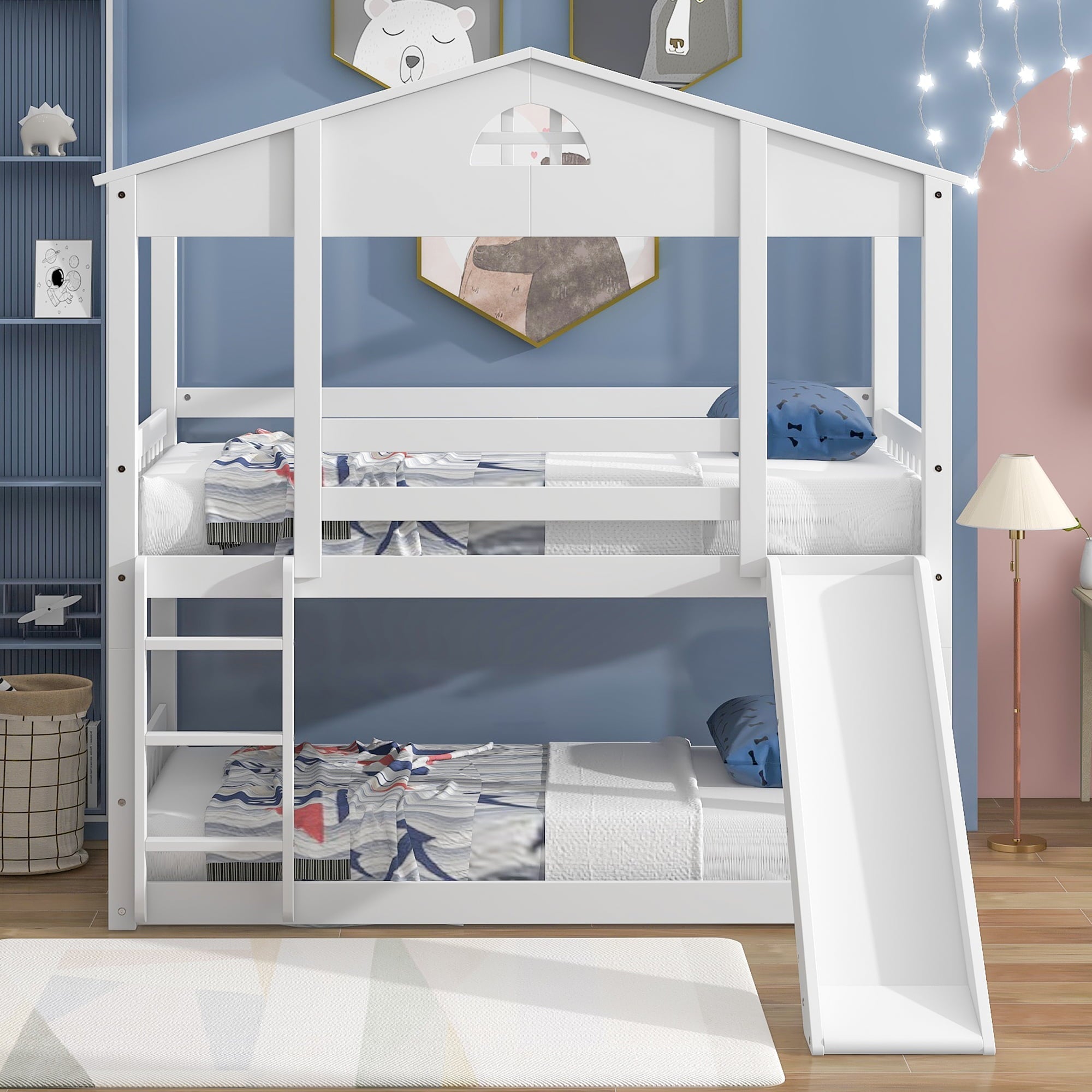 Twin House Bunk Bed with Convertible Slide and Ladder for Kids Room, White