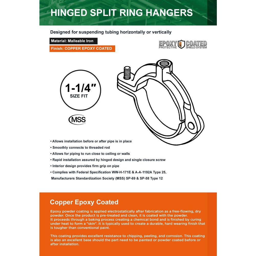 The Plumber's Choice 1-14 in. Hinged Split Ring Pipe Hanger in Copper Epoxy Coated Iron 114HSHCP