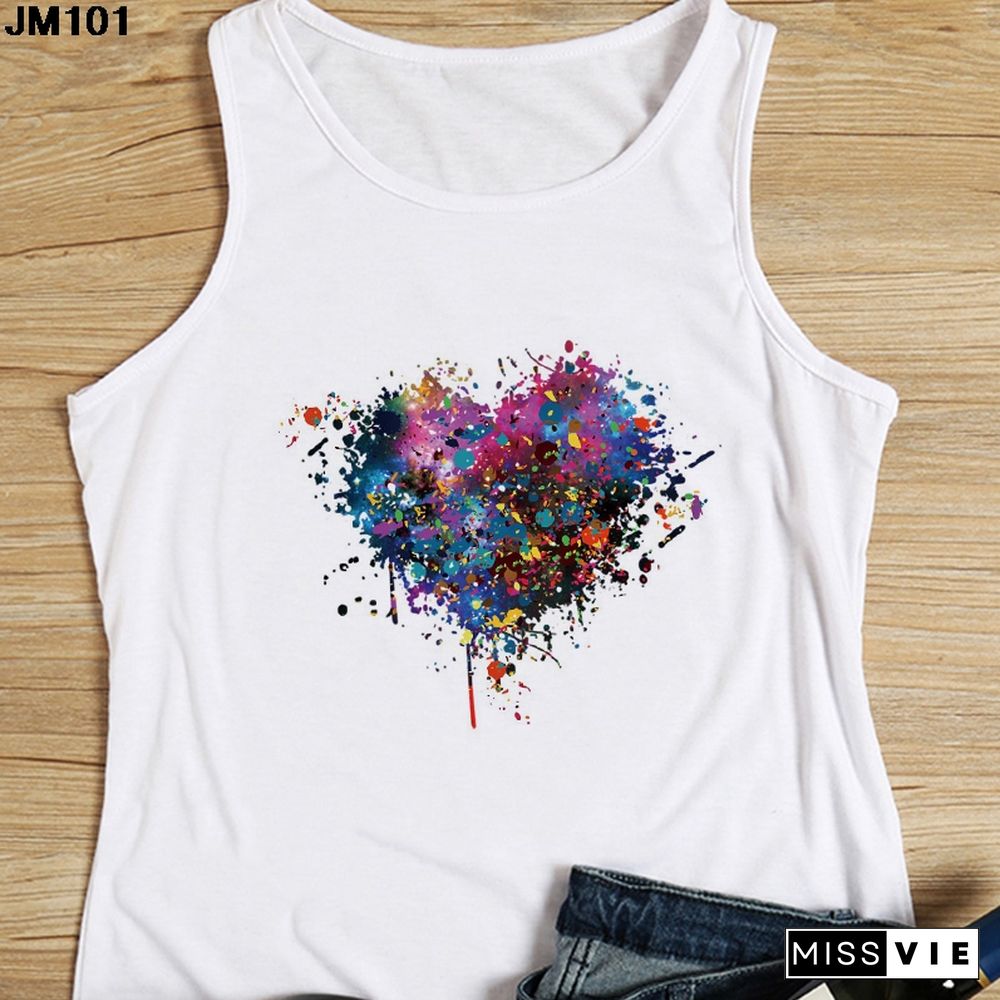 Heart Flower Printed Ladies Camisole Harajuku Casual White Vest Summer Womens Love Graphic Tank Tops Fashion Sleeveless T Shirt