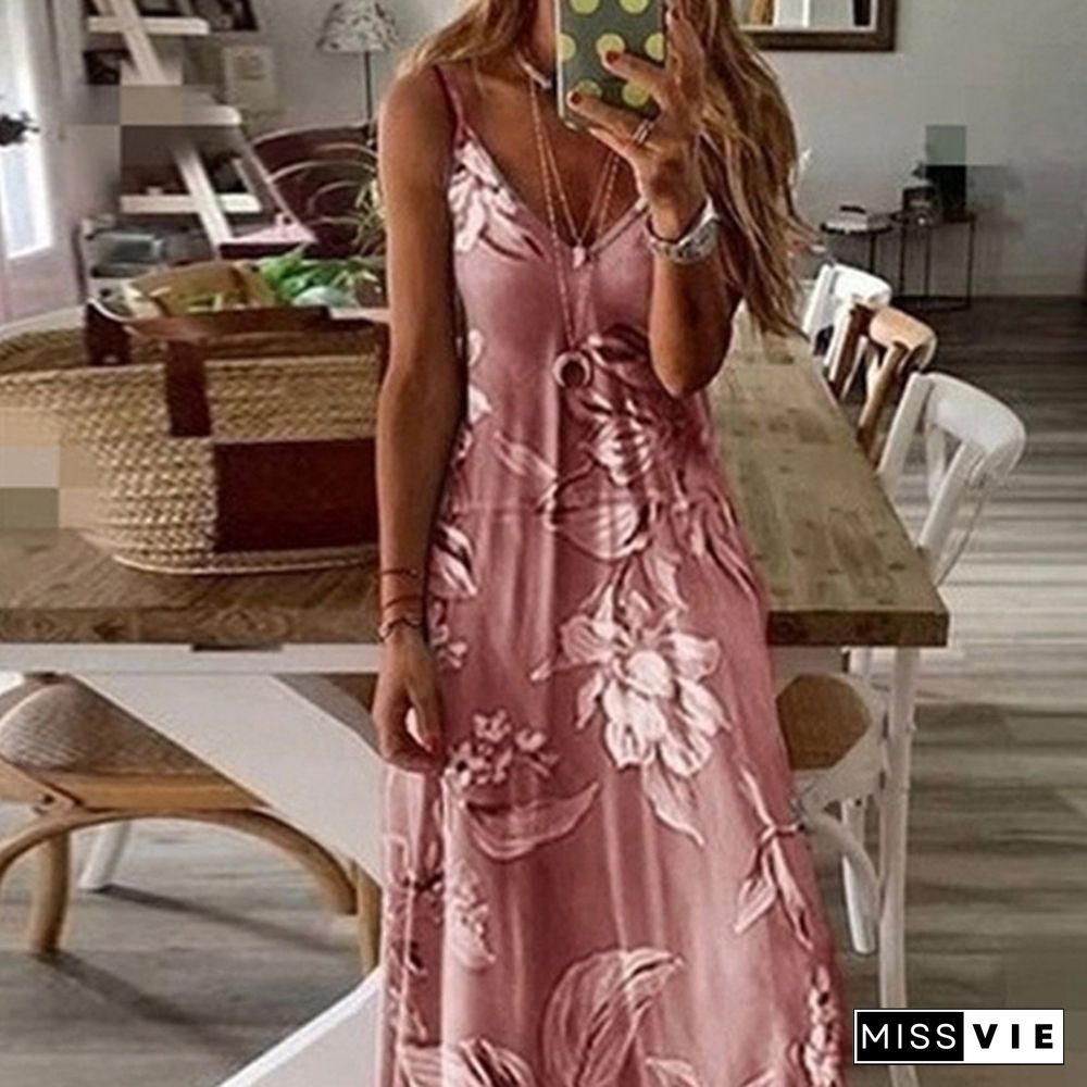 Women's Fashion Summer Sleeveless Floral Printing Sling Dress Deep V-Neck Slim Fit Big Swing Skirts Loose Casual Long Maxi Dresses Ladies Plus Size Party Dresses