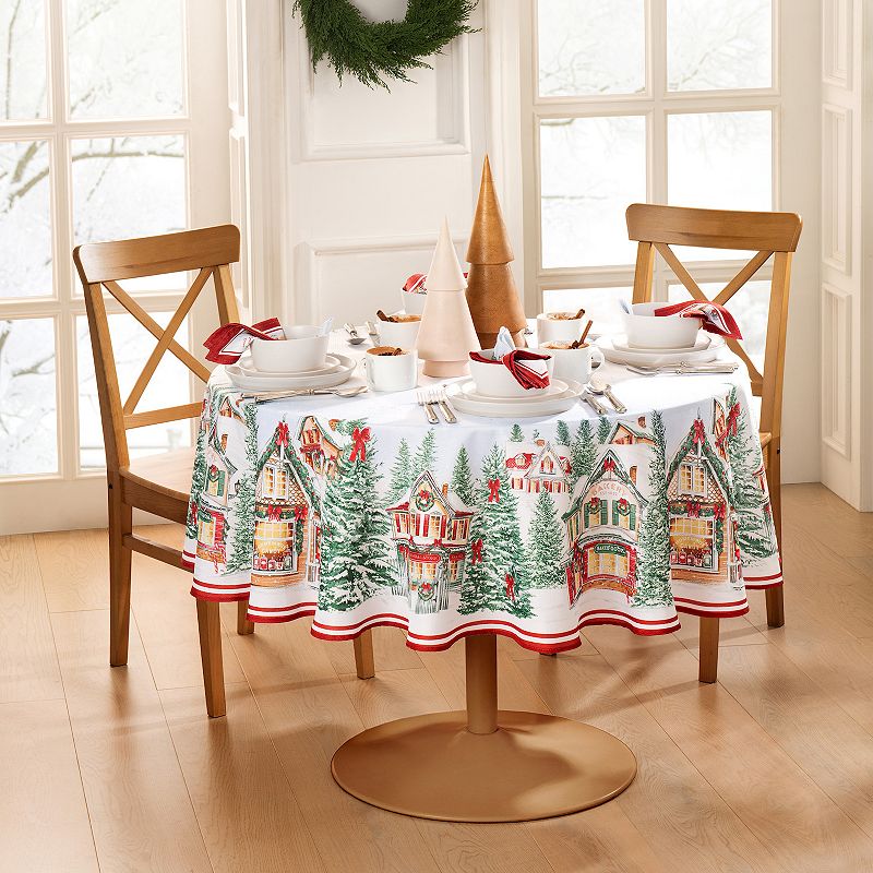 Elrene Home Fashions Storybook Christmas Village Holiday Round Tablecloth