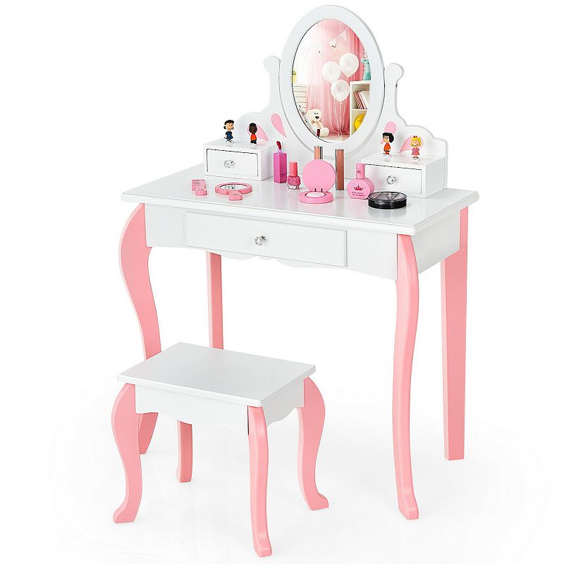 Kids Vanity Princess Makeup Dressing Table Stool Set With Mirror And Drawer