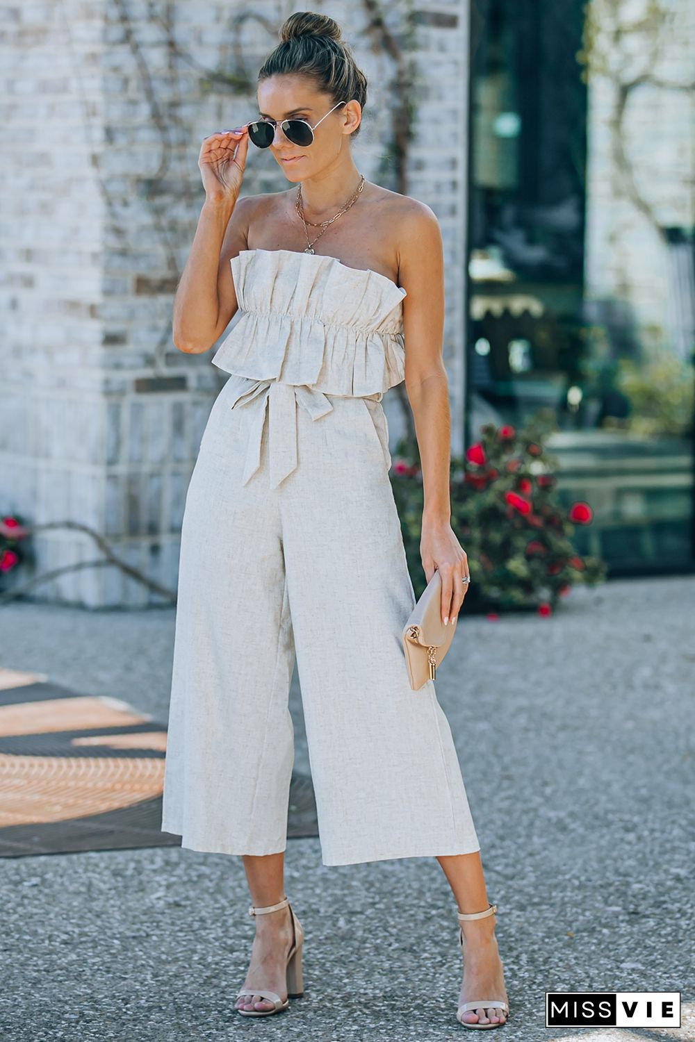 Beige Ruffled Strapless Wide Leg Jumpsuit