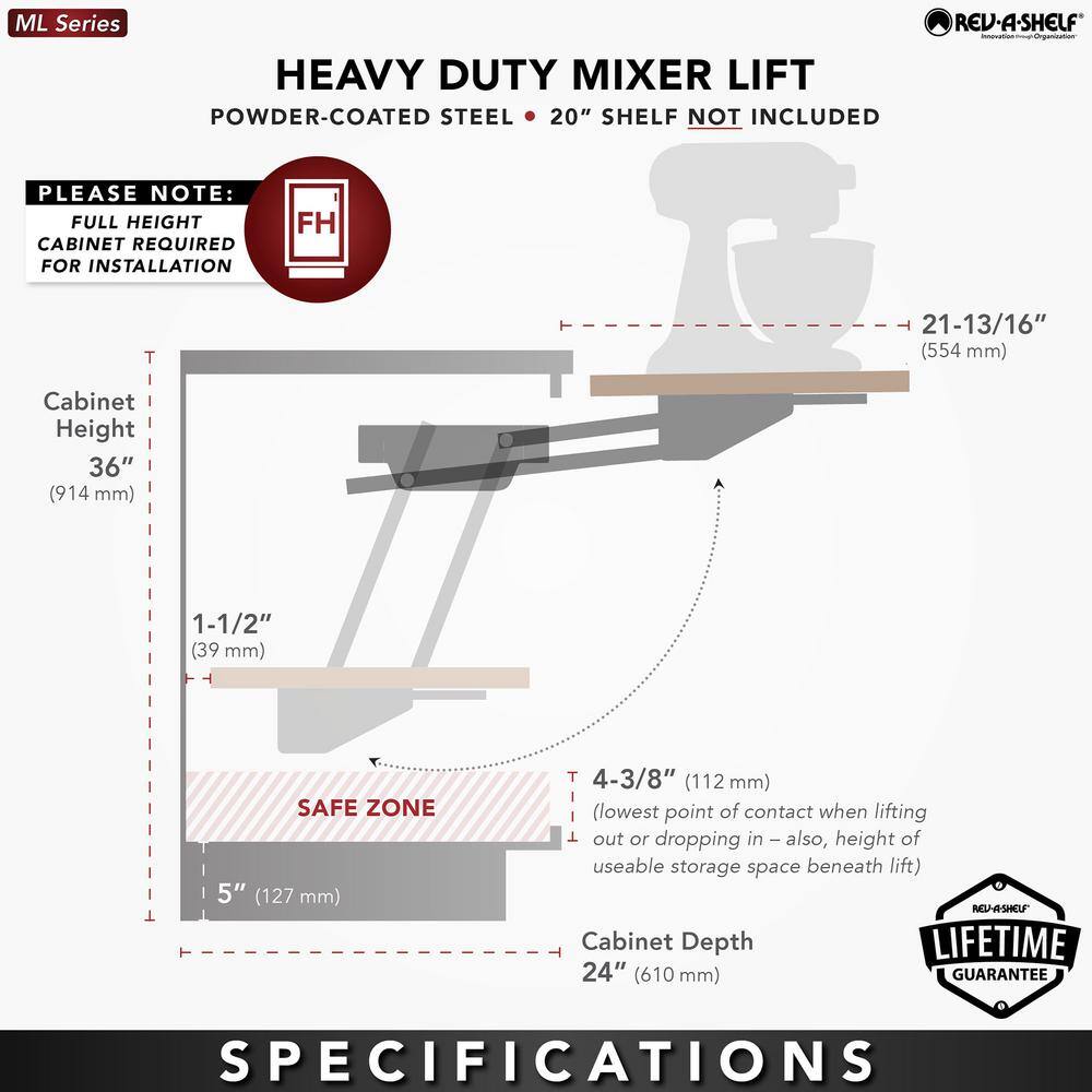 Rev-A-Shelf 22.5 in. D x 12 in. W x 20.63 in. H Mechanical Appliance Lift Mechanism with Soft Close RAS-ML-HDSC