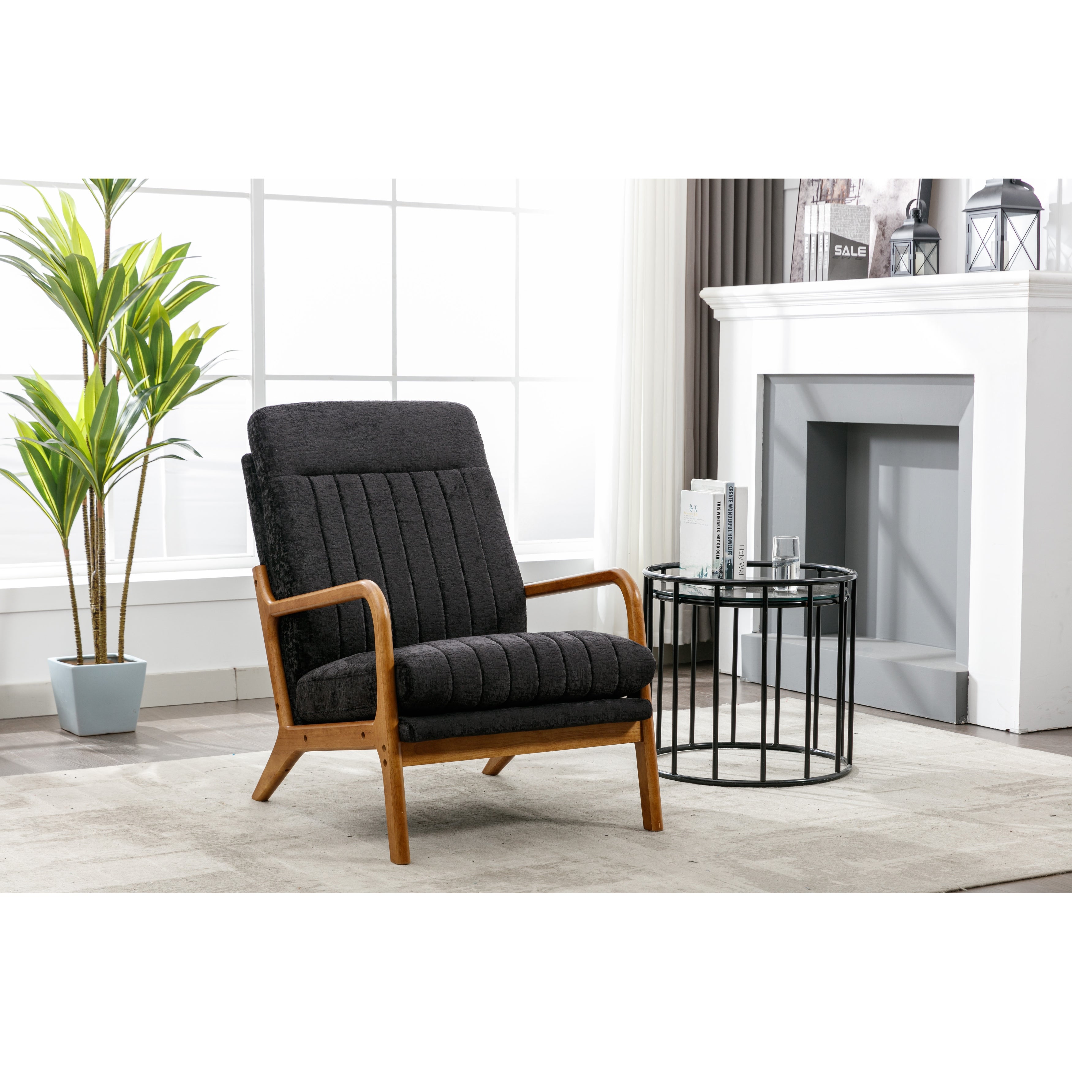 Wood Frame High Back Armchair， Modern Accent Arm Chair for Living Room with Removable Cushion Fabric Lounge Chairs， Black