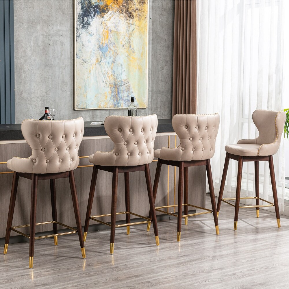 Modern Leather Fabric Bar Stool with Gold Nailheads   Solid Wood Legs  Set of 2