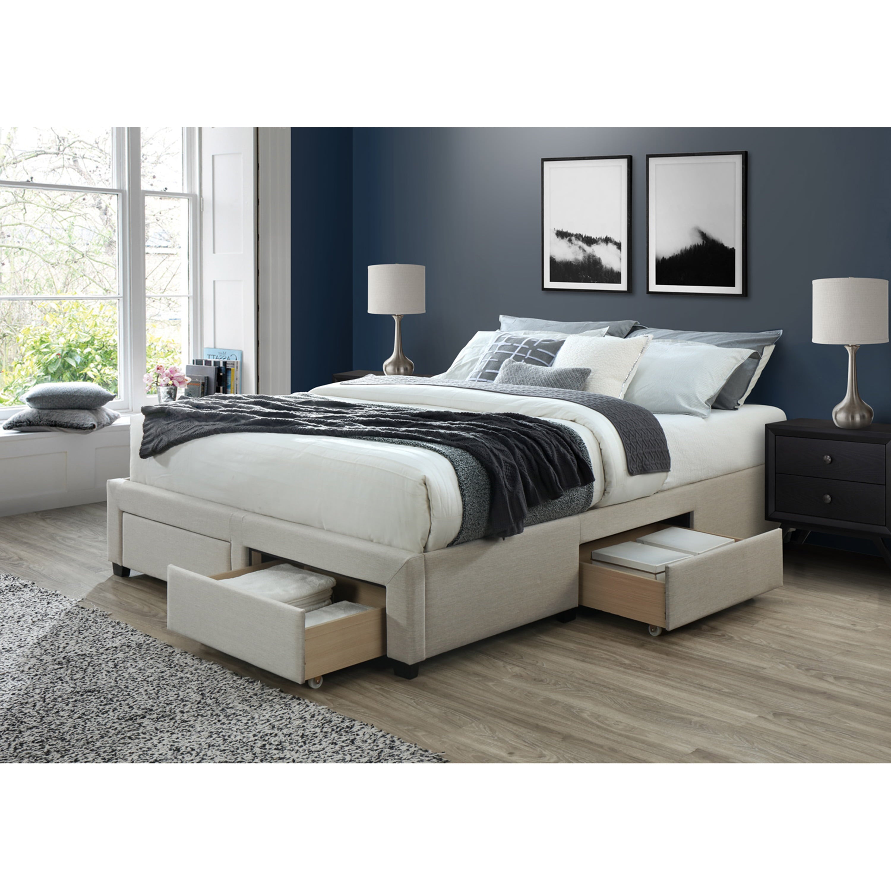 DG Casa Cosmo Upholstered Platform Bed Frame Base with Storage Drawers, Queen Size in Beige Linen Style Fabric