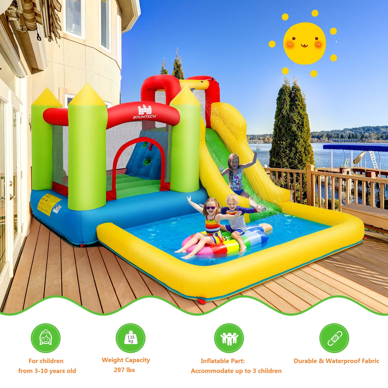 Costzon Inflatable Water Slide, 5 in 1 Water Park Bounce House Combo for Indoor Outdoor with 550w Blower