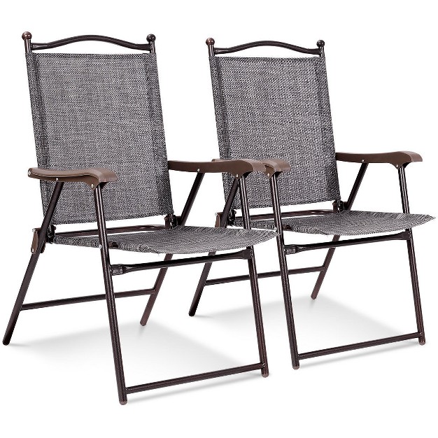 Costway Set Of 2 Patio Folding Sling Back Chairs Camping Deck Garden Beach Gray