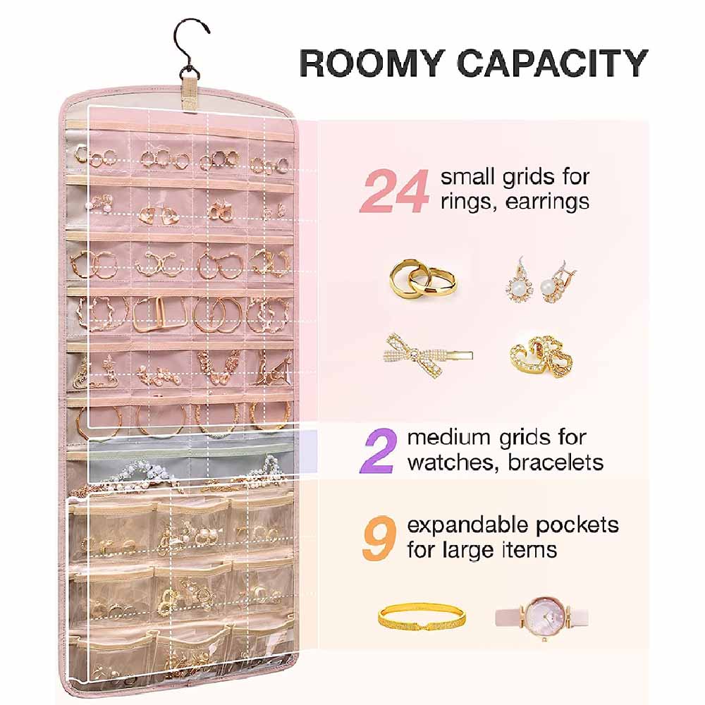 Jewelry Organizer, Hanging Double Sided Jewelry Storage Bag for Necklace Earrings Ring, Pink