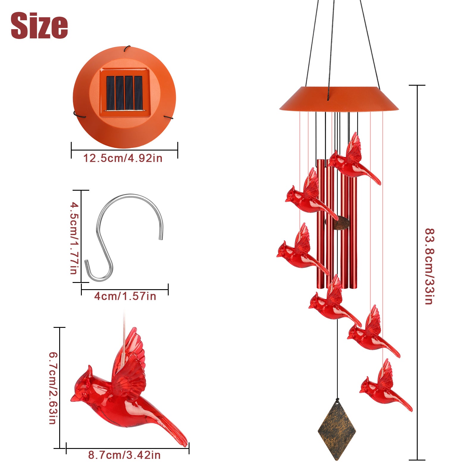 Cardinal Bird Solar Wind Chimes， TSV LED Red Tubes Wind Belles with S Hook for Outside， IP65 Water and Moisture-Proof for Patio Garden Home， Memorial Gift Decor