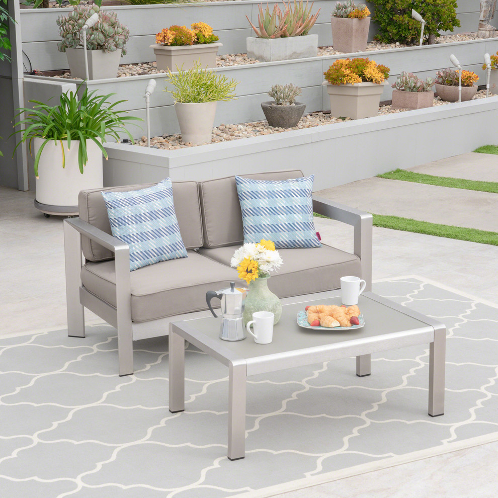 GDF Studio Alec Outdoor Aluminum Loveseat and Tempered Glass Topped Coffee Table   Contemporary   Outdoor Lounge Sets   by GDFStudio  Houzz