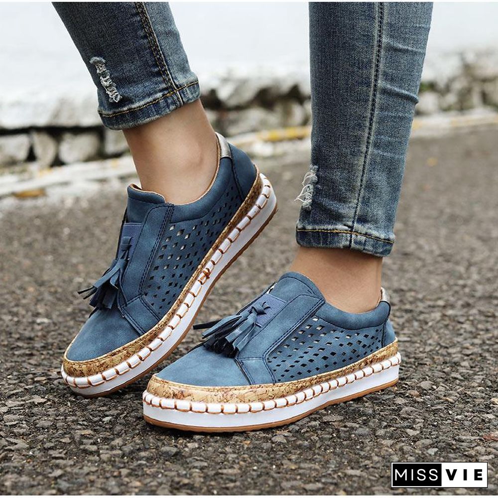 Women Slip On Hollow Out Flats Ladies Breathable Loafers Casual Platform Vulcanized Sewing Sneakers Shoes