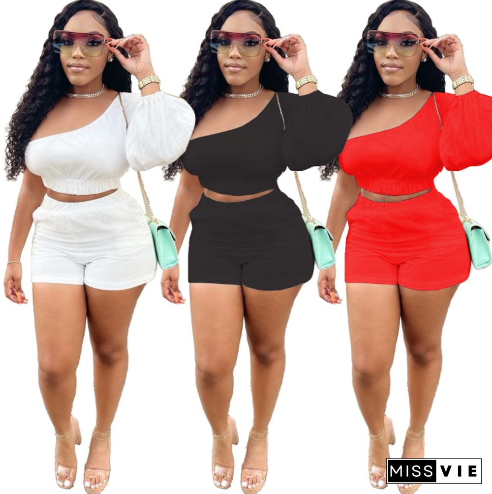 Sexy Solid Color Women One Shoulder Single Long Sleeve Crop Top Shorts Sexy Ruched Two Piece Set