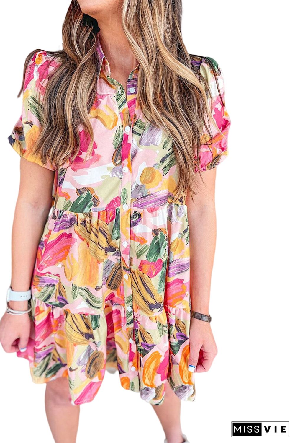 Multicolor Floral Print Short Sleeve Shirt Dress