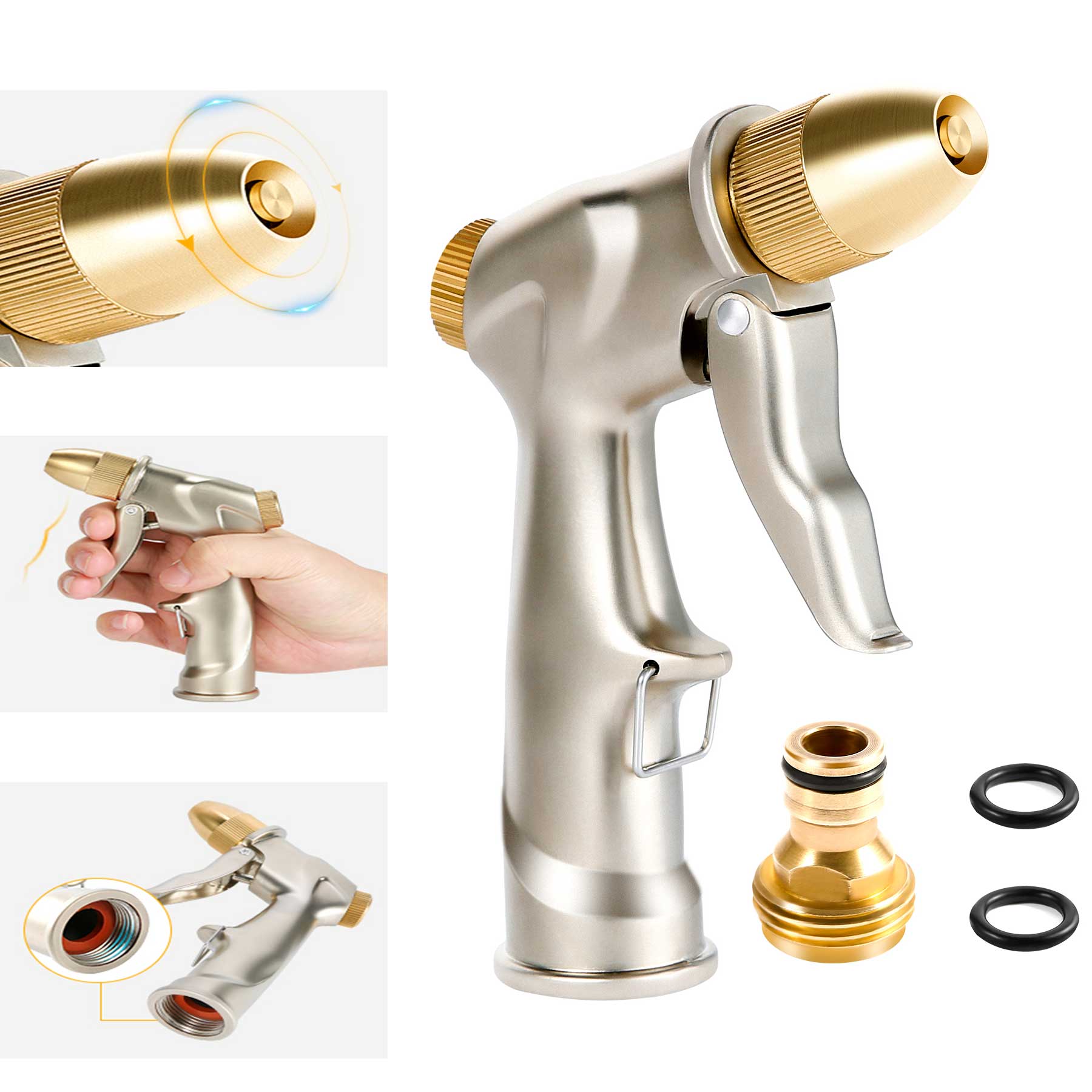 Crenova Garden Hose Nozzle Full Metal Brass Water Sprayer High Pressure Car Wash Gun Multifunction Nozzle， Gold