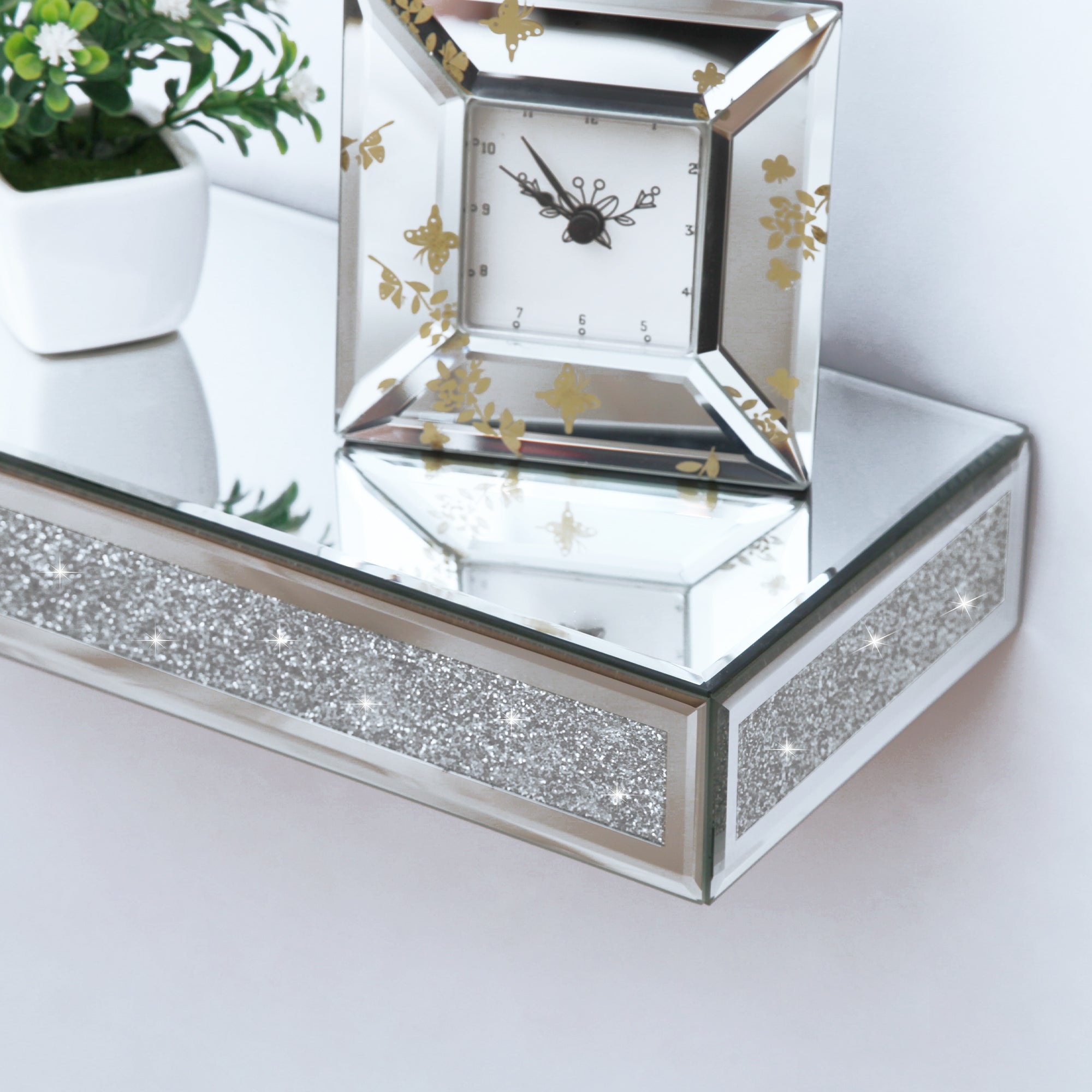 Mirrored Floating Wall Shelf Crystal Wall-Mounted Storage Organizer